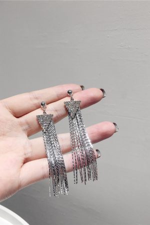 Korean Style Elegant Long Metal Tassel S925 Silver Needle Earrings with Sparkling Diamond Triangular Drop Accessories