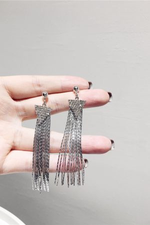 Korean Style Elegant Long Metal Tassel S925 Silver Needle Earrings with Sparkling Diamond Triangular Drop Accessories