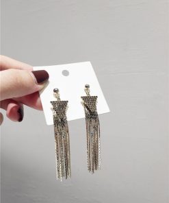 Korean Style Elegant Long Metal Tassel S925 Silver Needle Earrings with Sparkling Diamond Triangular Drop Accessories