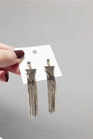 Korean Style Elegant Long Metal Tassel S925 Silver Needle Earrings with Sparkling Diamond Triangular Drop Accessories