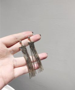 Korean Style Elegant Long Metal Tassel S925 Silver Needle Earrings with Sparkling Diamond Triangular Drop Accessories