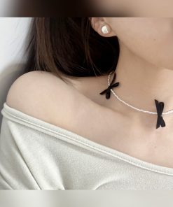 Korean Style Elegant Mini Pearl Beaded Bow Necklace with Clavicle Chain - Sweet Temperament Fashion Accessory