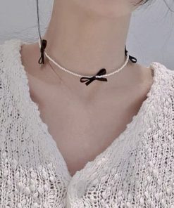 Korean Style Elegant Mini Pearl Beaded Bow Necklace with Clavicle Chain - Sweet Temperament Fashion Accessory