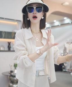Korean-Style Elegant Solid Color Cardigan Shirt for Women - Slimming Casual Ramie Top for Summer 2025