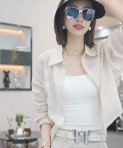 Korean-Style Elegant Solid Color Cardigan Shirt for Women - Slimming Casual Ramie Top for Summer 2025