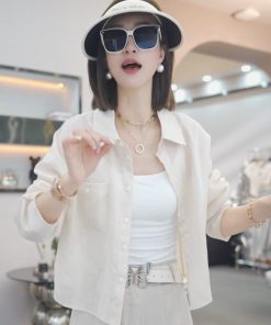 Korean-Style Elegant Solid Color Cardigan Shirt for Women - Slimming Casual Ramie Top for Summer 2025
