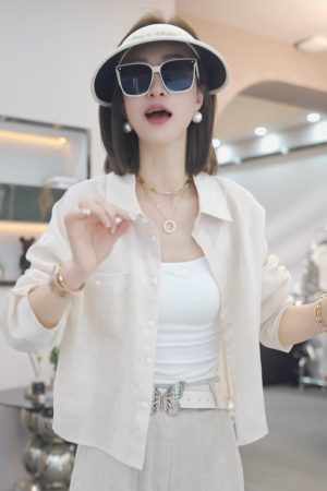 Korean-Style Elegant Solid Color Cardigan Shirt for Women - Slimming Casual Ramie Top for Summer 2025