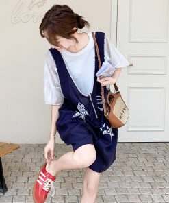 Korean-Style Embroidered V-Neck Suspender Pants Set for Women - 2025 Summer High-End Minimalist Short Sleeve Two-Piece Outfit