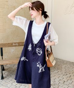 Korean-Style Embroidered V-Neck Suspender Pants Set for Women - 2025 Summer High-End Minimalist Short Sleeve Two-Piece Outfit