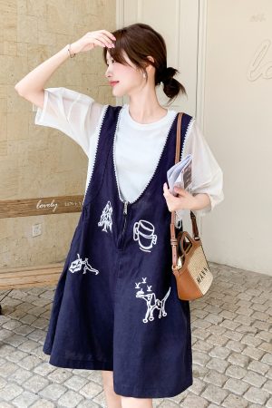 Korean-Style Embroidered V-Neck Suspender Pants Set for Women - 2025 Summer High-End Minimalist Short Sleeve Two-Piece Outfit