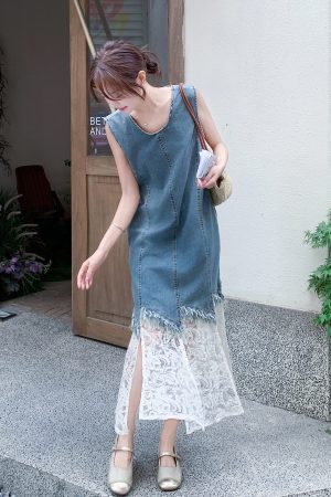 Korean-Style Fake Two-Piece Denim Dress for Women - 2025 Summer Lace Splicing Long Skirt, Unique Y2K Fashion