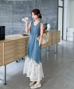 Korean-Style Fake Two-Piece Denim Dress for Women - 2025 Summer Lace Splicing Long Skirt, Unique Y2K Fashion