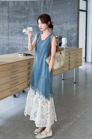 Korean-Style Fake Two-Piece Denim Dress for Women - 2025 Summer Lace Splicing Long Skirt, Unique Y2K Fashion