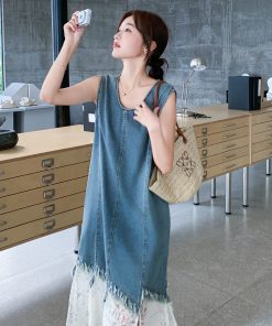 Korean-Style Fake Two-Piece Denim Dress for Women - 2025 Summer Lace Splicing Long Skirt, Unique Y2K Fashion