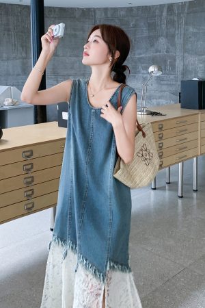 Korean-Style Fake Two-Piece Denim Dress for Women - 2025 Summer Lace Splicing Long Skirt, Unique Y2K Fashion