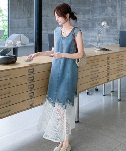 Korean-Style Fake Two-Piece Denim Dress for Women - 2025 Summer Lace Splicing Long Skirt, Unique Y2K Fashion
