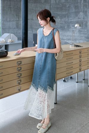 Korean-Style Fake Two-Piece Denim Dress for Women - 2025 Summer Lace Splicing Long Skirt, Unique Y2K Fashion