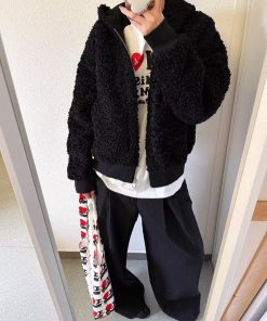 Korean Style Faux Lamb Wool Hooded Jacket for Women, Leather and Fur Blend, Loose Fit Short Fashion Top