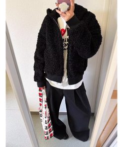 Korean Style Faux Lamb Wool Hooded Jacket for Women, Leather and Fur Blend, Loose Fit Short Fashion Top