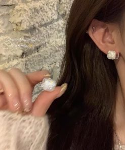 Korean-Style Fine Glitter Square Sugar Pearl Earrings for Women - Unique Double-Sided Ear Clips and Studs, Light Luxury Accessories