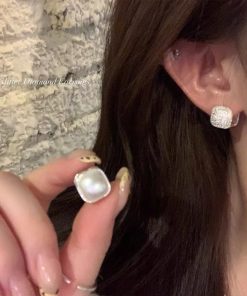 Korean-Style Fine Glitter Square Sugar Pearl Earrings for Women - Unique Double-Sided Ear Clips and Studs, Light Luxury Accessories