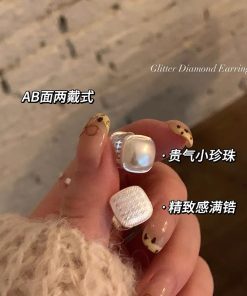 Korean-Style Fine Glitter Square Sugar Pearl Earrings for Women - Unique Double-Sided Ear Clips and Studs, Light Luxury Accessories