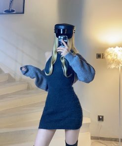 Korean Style Fitted Knitted Dress and Short Cardigan Set with Neck-Hanging Design for Women
