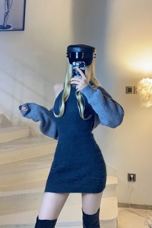 Korean Style Fitted Knitted Dress and Short Cardigan Set with Neck-Hanging Design for Women