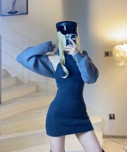 Korean Style Fitted Knitted Dress and Short Cardigan Set with Neck-Hanging Design for Women