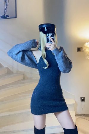 Korean Style Fitted Knitted Dress and Short Cardigan Set with Neck-Hanging Design for Women