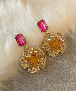 Korean-Style Golden Sunflower Earrings with Micro-Inlaid Red and Yellow Zirconia, Exquisite Full-Diamond Design for Girls