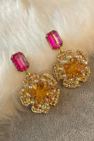 Korean-Style Golden Sunflower Earrings with Micro-Inlaid Red and Yellow Zirconia, Exquisite Full-Diamond Design for Girls