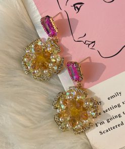 Korean-Style Golden Sunflower Earrings with Micro-Inlaid Red and Yellow Zirconia, Exquisite Full-Diamond Design for Girls