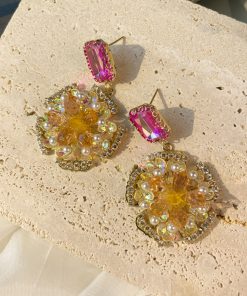 Korean-Style Golden Sunflower Earrings with Micro-Inlaid Red and Yellow Zirconia, Exquisite Full-Diamond Design for Girls