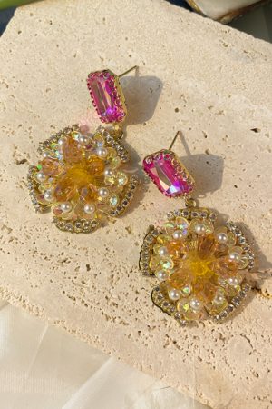 Korean-Style Golden Sunflower Earrings with Micro-Inlaid Red and Yellow Zirconia, Exquisite Full-Diamond Design for Girls