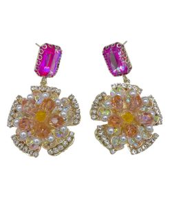 Korean-Style Golden Sunflower Earrings with Micro-Inlaid Red and Yellow Zirconia, Exquisite Full-Diamond Design for Girls