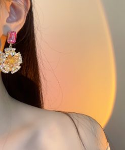 Korean-Style Golden Sunflower Earrings with Micro-Inlaid Red and Yellow Zirconia, Exquisite Full-Diamond Design for Girls