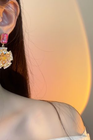 Korean-Style Golden Sunflower Earrings with Micro-Inlaid Red and Yellow Zirconia, Exquisite Full-Diamond Design for Girls