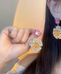 Korean-Style Golden Sunflower Earrings with Micro-Inlaid Red and Yellow Zirconia, Exquisite Full-Diamond Design for Girls