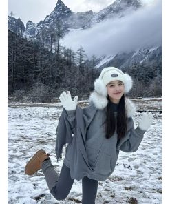 Korean Style Gray Hooded Woolen Coat with Fur Collar for Women - Winter Zip-Up Cardigan