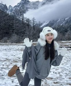 Korean Style Gray Hooded Woolen Coat with Fur Collar for Women - Winter Zip-Up Cardigan