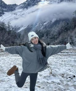 Korean Style Gray Hooded Woolen Coat with Fur Collar for Women - Winter Zip-Up Cardigan