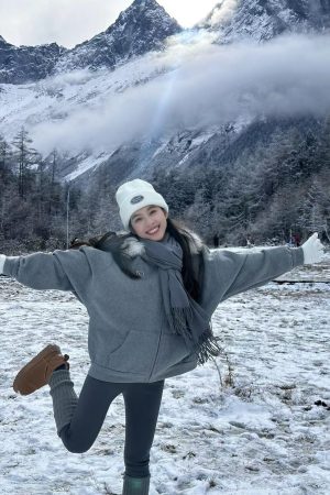 Korean Style Gray Hooded Woolen Coat with Fur Collar for Women - Winter Zip-Up Cardigan