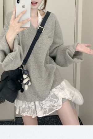 Korean Style Gray V-Neck Knitted Sweater for Women, Loose Fit, Versatile Autumn Winter Fashion, Cozy Lazy Aesthetic