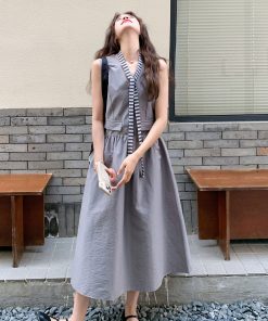 Korean-Style Gray Waist-Cinching Dress for Women - 2025 Summer Slimming Work Dress, Uniquely Beautiful Design