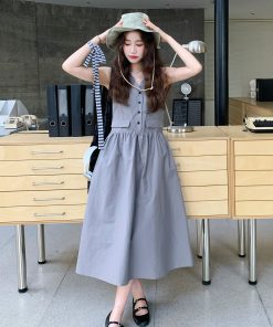 Korean-Style Gray Waist-Cinching Dress for Women - 2025 Summer Slimming Work Dress, Uniquely Beautiful Design