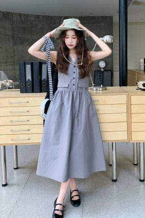Korean-Style Gray Waist-Cinching Dress for Women - 2025 Summer Slimming Work Dress, Uniquely Beautiful Design