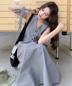 Korean-Style Gray Waist-Cinching Dress for Women - 2025 Summer Slimming Work Dress, Uniquely Beautiful Design