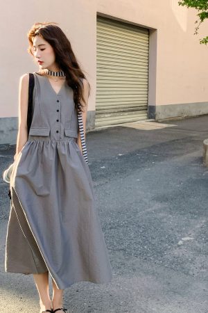 Korean-Style Gray Waist-Cinching Dress for Women - 2025 Summer Slimming Work Dress, Uniquely Beautiful Design