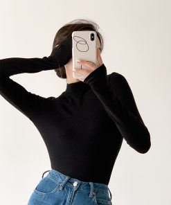 Korean Style Half-High Collar Knitted Pullover Top for Women, Slim Fit Long Sleeve Shirt for Autumn & Winter Versatile Wear